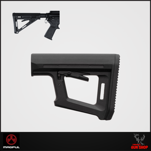 MAGPUL MOE Carbine Stock – Mil-Spec, Black (SKU: MAG400-BLK) fitted to an AR15 lower. Lightweight, reinforced stock offering secure shoulder weld and reliable performance. Available now from Townsville Gun Shop, ready for Australian conditions.
