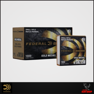 Federal Gold Medal Match small rifle primers, 100-count pack. Non-corrosive Boxer-type primers designed for precision handloading. Model FGM205M. SKU: FGM205M. Federal Gold Medal Match small rifle primers, 100-count pack. Non-corrosive Boxer-type primers designed for precision handloading. Model FGM205M. SKU: FGM205M.