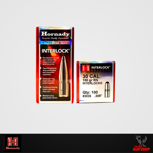 H3031 – Hornady InterLock 150gr Soft Point 30cal bullets, shown in classic Hornady red-and-white packaging.