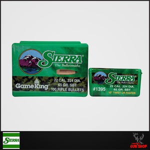 Sierra GameKing .22 Cal 65gr Spitzer Boat Tail Projectiles (SKU: S1395) in 100-pack green box, showing copper-jacketed bullets with sleek pointed profile and tapered boat tail base. Sierra GameKing .22 Cal 65gr Spitzer Boat Tail Projectiles (SKU: S1395) in 100-pack green box, showing copper-jacketed bullets with sleek pointed profile and tapered boat tail base.