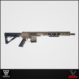 Wedgetail MPR Mini .223REM rifle in Flat Dark Earth finish, shown with monolithic alloy chassis, M-LOK handguard, and Picatinny top rail. Straight-pull bolt action system visible with detachable magazine and ergonomic furniture. Wedgetail MPR Mini .223REM rifle in Flat Dark Earth finish, shown with monolithic alloy chassis, M-LOK handguard, and Picatinny top rail. Straight-pull bolt action system visible with detachable magazine and ergonomic furniture.