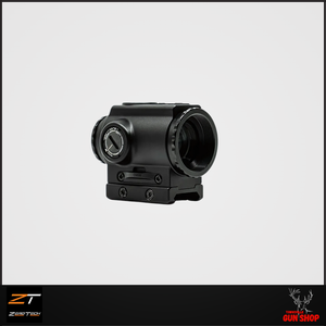 ZeroTech Thrive HD 1x20 Micro Prism Scope (SKU: THDMP120) shown in side profile with mount attached, displaying its compact size, rugged aluminium housing, and integrated illumination control.
