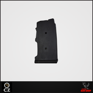 CZ factory 10-round black polymer magazine (5073-1200-8802ND) for 17HMR and 22WMR. Lightweight design with curved body, shown compatible with CZ 452, 453, 455, 457, 512, and 515 rimfire rifles.