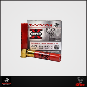 Winchester Super-X 410G 2½" rifled slug ammunition (X41RS5), 5-round pack with red and yellow Super-X branded box and brass-head slug cartridges visible. Winchester Super-X 410G 2½" rifled slug ammunition (X41RS5), 5-round pack with red and yellow Super-X branded box and brass-head slug cartridges visible.