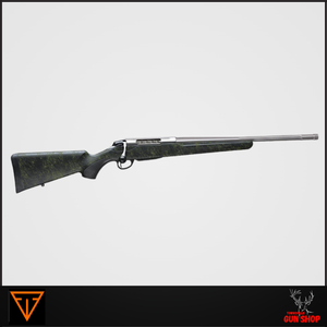 T3XLREM308NS – Tikka T3x Lite Roughtech .308Win rifle with 20" fluted stainless barrel and Emerald green textured synthetic stock, shown with bolt and magazine.