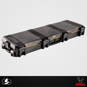 Pelican Vault V800 Double Rifle Case Black 53" (SKU: PV800) showing sturdy black polymer shell, six push-button latches, stainless steel lock hasps, and rugged design for double scoped rifles.