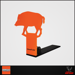 CH44887 – Champion spring-loaded .22LR pig silhouette target in bright orange finish, mounted on steel frame with ground stake points.