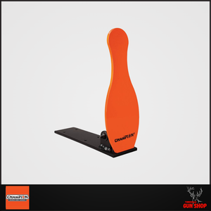 CH44888 – Champion spring-loaded .22LR bowling pin target with bright orange silhouette on steel frame, shown free-standing with ground stake legs.