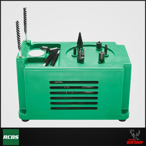 RCBS Brass Boss Case Prep Centre (SKU: R90390) shown with six rotating stations and included reloading tools.