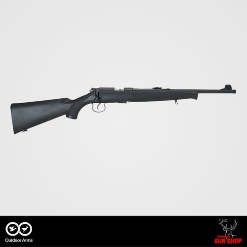 Outdoor Arms JW15 .22LR synthetic stock with blued steel finish and 16-inch threaded barrel (1/2×20) for muzzle brake fitting, based on the proven Brno-style action, available at Townsville Gun Shop.