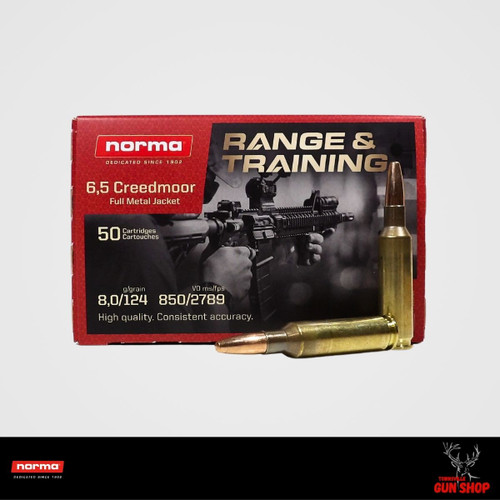 Norma Range & Training 6.5 Creedmoor 124gr FMJ ammunition in 50-round bulk pack, premium brass cases, available at Townsville Gun Shop.