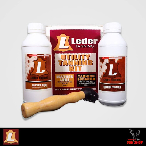 Leder Utility Tanning Kit TAN2350 complete set with tanning formula, fleshing tool, and leather lube, available at Townsville Gun Shop Australia.