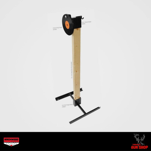 Birchwood Casey 2‑in‑1 Gong Target Hanger mounted on 40 mm × 90 mm timber post - Townsville Gun Shop
