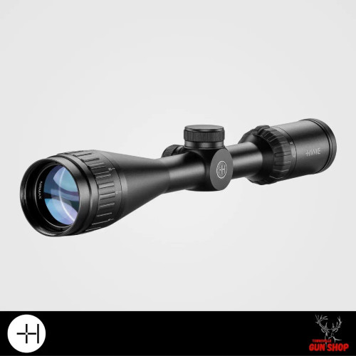 Side profile of Hawke Airmax 4-12x40 AO 1" AMX scope showing adjustable objective lens and precision turrets. Available at Townsville Gun Shop.