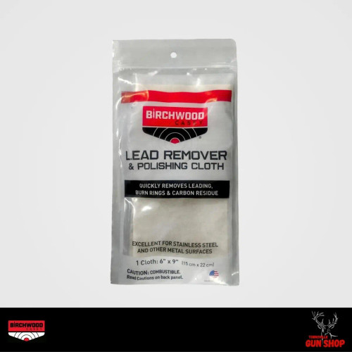 Birchwood Casey Lead Remover and Polish Cloth — resealable pouch with 6" x 9" treated cloth for stainless steel and metal surfaces