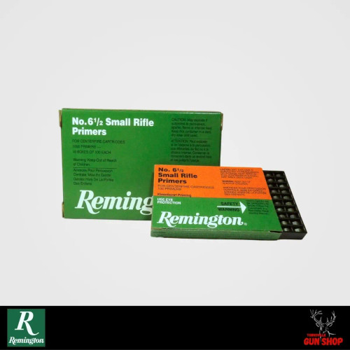 Remington #6½ Small Rifle Primers 100pk and 1000pk – green and orange packaging with primer tray visible