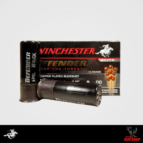 Winchester Elite Defender Buckshot – retail box with two 12GA shells, copper-plated 00 buck, 2¾ inch