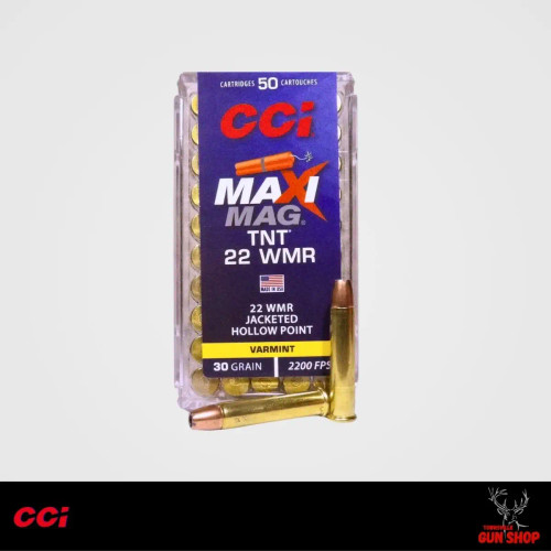 CCI Maxi-Mag TNT 22WMR 30GR JHP 50-Pack — Front Packaging with Hollow Point Rounds