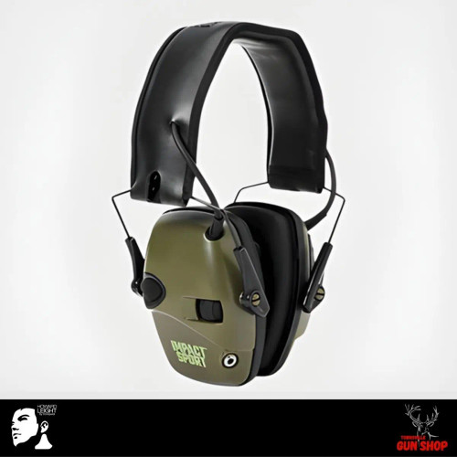 Howard Leight Impact Sport electronic earmuff in olive green with foldable design and AUX input