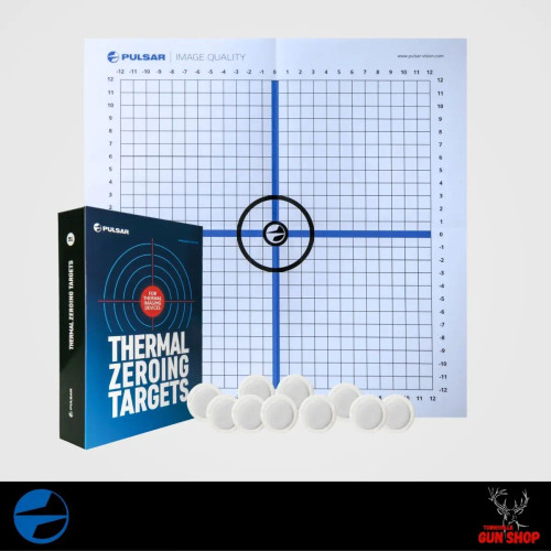 Pulsar Thermal Zeroing Target set with grid sheet, round thermal targets, and Pulsar packaging for thermal scope zeroing