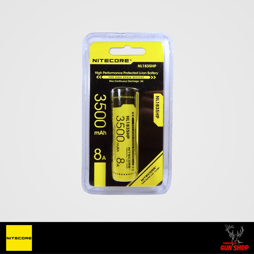Nitecore NL1835HP 18650 3500mAh rechargeable battery in black wrapper with green accents, showing micro-USB charging port, capacity and model markings, protected circuit visible at positive end, displayed from angled side view highlighting flat-top design and branding