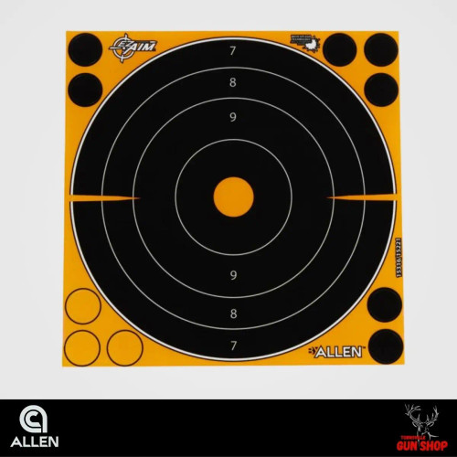 Allen EZ Aim Splash Adhesive 8-inch bullseye target sheet showing black and orange splash design