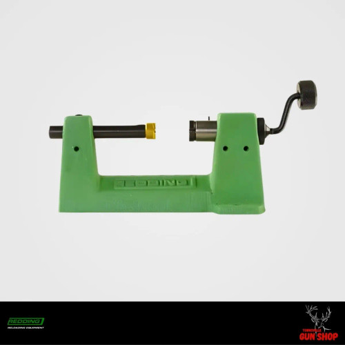 Redding Model 1400 Case Trimmer Lathe in classic red cast iron base, showing high-speed cutter head assembly, spring-loaded collet chuck, adjustable stop collar, and compact bench-mounted design from front view