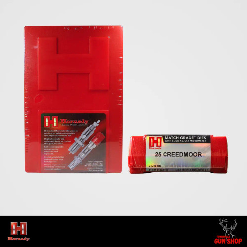 Hornady 25 Creedmoor Match Grade Die Set in silver steel finish, including full-length sizing die with expander, micrometer seating die with adjustment knob, and included #35 shell holder, shown in red and black Hornady branded packaging from angled front view highlighting precise machining and markings
