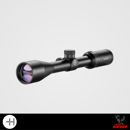 Hawke Vantage 4-12x40 riflescope in matte black anodised finish, 40mm objective lens with purple multi-coating tint, shown from angled side profile highlighting compact body, magnification ring, capped turrets, and fast-focus eyepiece