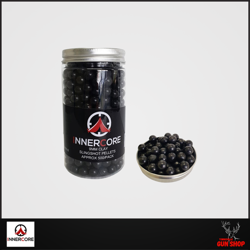Innercore 9mm black clay slingshot pellets in a 500‑round bulk pack.