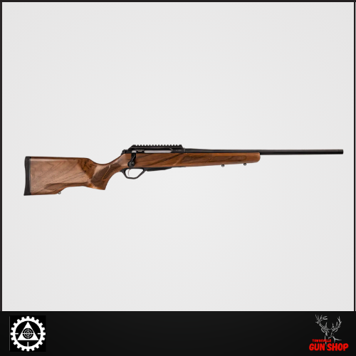 High-resolution image of the LITHGOW LA102 CROSSOVER .243 WIN LAMINATE / BLACK (SKU: LG-37006-6CS2), showcasing its sleek black Cerakote™-finished barrel and robust brown laminate stock. This Australian-made rifle combines tactical aesthetics with hunting functionality, ideal for both range and field use.