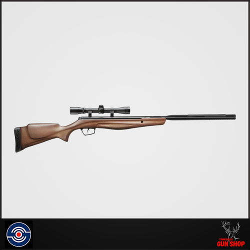 High-resolution image showcasing the Stoeger RX20 .22 Air Rifle Wood Combo, featuring a polished hardwood stock, rifled blued steel barrel, and mounted 4x32 scope. Ideal for hunting and target shooting in Australia. Stoeger RX20 .22 Air Rifle Wood Combo with 4x32 Scope - SKU: XRX20DYWCOMBO/5.5