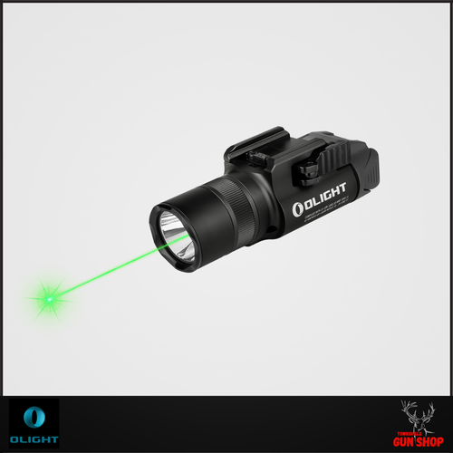 OLIGHT Baldr Pro R 1350LM rail-mounted tactical flashlight with integrated green laser, showcasing its compact design and compatibility with Picatinny and Glock rails—ideal for hunting and range use in Australia.