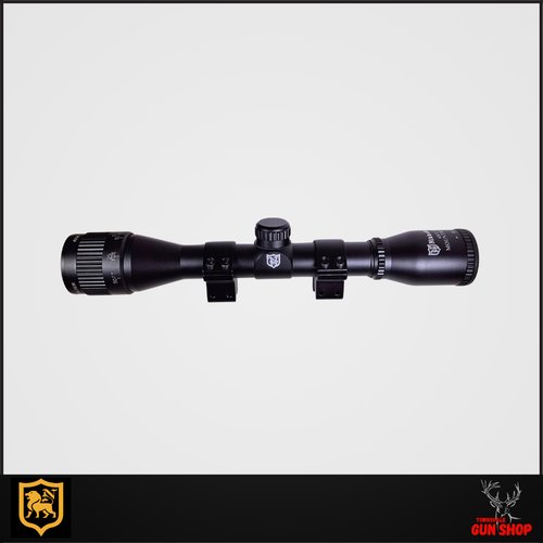 Nikko Stirling Mountmaster AO 4x32 Riflescope – SKU: NMM432AO. Compact fixed-power optic with adjustable objective and duplex reticle. Includes 3/8" dovetail rings. Ideal for rimfire and small game rifles.