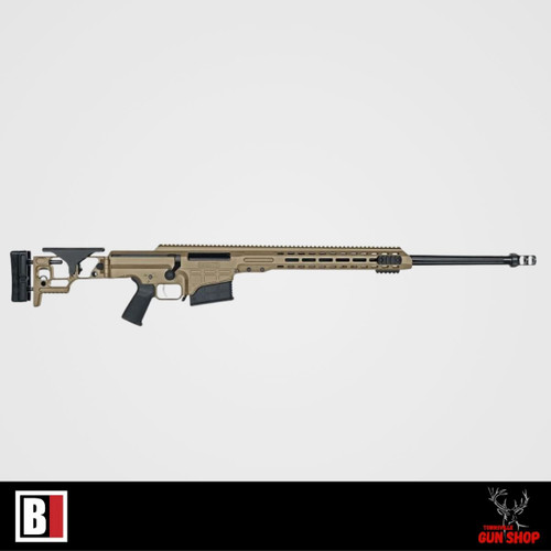 Barrett MRAD precision rifle with FDE chassis, 24-inch barrel, muzzle brake, and modular fixed stock on white background