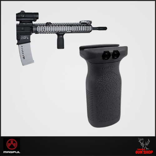 MAGPUL RVG Rail Vertical Grip – Black (SKU: MAG412-BLK) securely mounted to a Picatinny rail. Compact and ergonomic vertical foregrip built for tactical, hunting, or sport shooting applications. Available at Townsville Gun Shop, tested for Australian use.