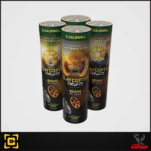 CALDWELL CLAY COPTER 90MM TARGET DISK 50PK (SKU: CALD-CCD9050) – vibrant orange biodegradable clay targets packaged for use with aerial launchers. Ideal for casual and competition shooters across Australia, available at Townsville Gun Shop.