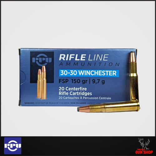 PPU 30-30 Winchester 150 grain Flat Nose Soft Point ammunition. Reloadable brass cases. 20-round box. SKU: HR3030A.
