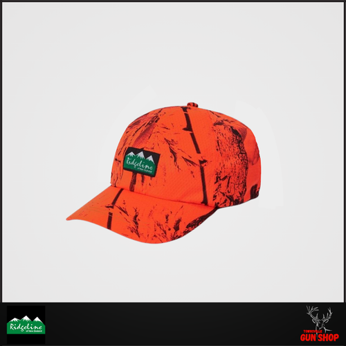 Ridgeline Lite Blaze Camo Cap with curved brim and adjustable strap. Lightweight high-vis hunting headwear in blaze camo pattern. SKU: RLACAPLTZX.