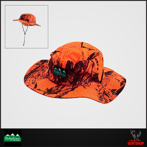 Ridgeline Blaze Bush Hat in blaze camo. Lightweight polyester wide-brim hat with high-visibility camouflage pattern. Designed for hunting and outdoor use. SKU: RLAHTBSZX.