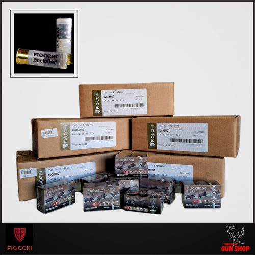 Fiocchi 12GA 00 Buckshot 9 Pellet – 250 round slab (SKU: 87090400). Italian-made buckshot for hunting, training, and range use. Available at Townsville Gun Shop.