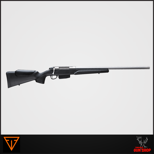 Tikka T3x Varmint rifle chambered in .223 Remington with a 23.7" heavy stainless steel barrel and 1:8 twist rate. Features a black synthetic stock, enlarged bolt handle, modular recoil pad, and stainless receiver with a cold-hammer forged barrel. SKU: T3XVSS223NS/8.