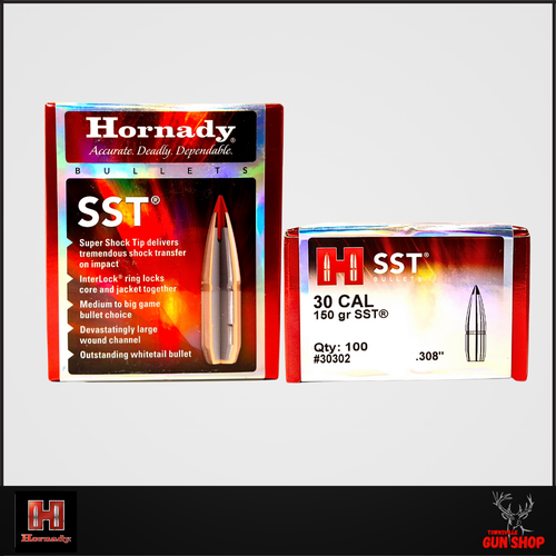 H30302 – Hornady SST 30 Cal 150gr projectiles, 100-pack with polymer-tipped bullets and red Hornady packaging.