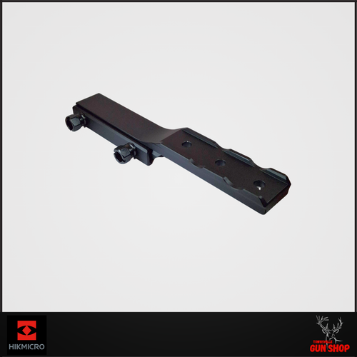 The product image displays the HIKMICRO Extended 3-Hole Scope Rail Mount (HM-QR01), highlighting its sleek aluminum construction and compact design. The rail features a quick-release mechanism for effortless mounting and dismounting of compatible optics. Included in the image are the Weaver block, wrench, and screws, showcasing the complete package ready for installation.