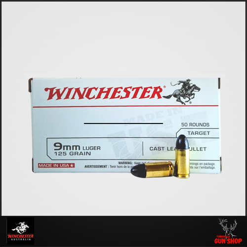 Box of Winchester 9mm 125GR LRN ammunition (USA9MM125), 50-round pack shown with white USA series box and brass-cased lead round nose cartridges visible.