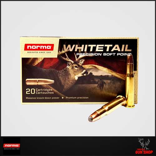 Norma Whitetail .30-30 Win 150gr SP ammunition box (SKU: 20177672) with visible brass cartridges arranged for display.