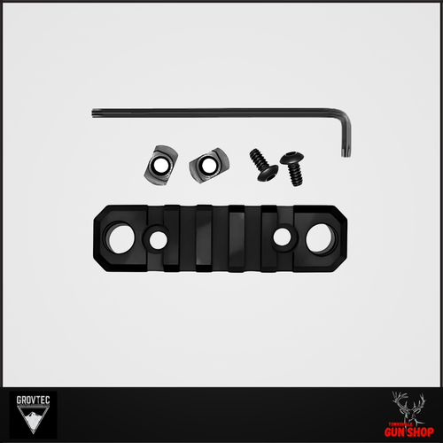 GrovTec GTSW241 – M-LOK 3.1” 5-slot Picatinny rail with integrated QD push-button sling mount base, black anodised finish.