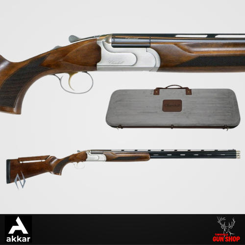 Akkar Churchill 12G 30" Sporter Ejector with adjustable comb (SKU: AKSP30EA), showing Turkish walnut stock, elevated comb adjustment, and 30" twin barrel layout.