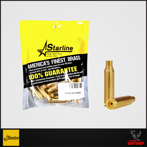 Starline .243 Winchester Brass – 50PK (SKU: SL243) displayed loose in reloader bag with clean, unfired finish and visible headstamp.