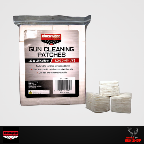 Birchwood Casey BC-41162 1⅛" square cotton cleaning patches in bulk 1000-pack, clearly labelled for .22 to .25 calibre firearms.